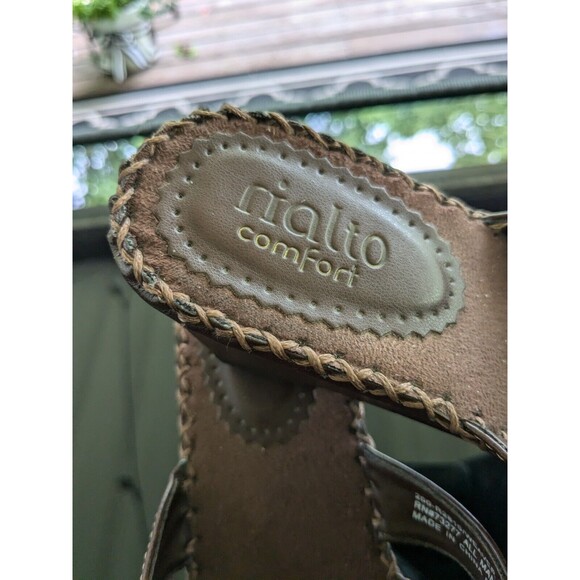 Rialto Sandals Womens Size 7.5 Sadie Comfort Brown Strappy Wedge Heel Stitching - Picture 2 of 11